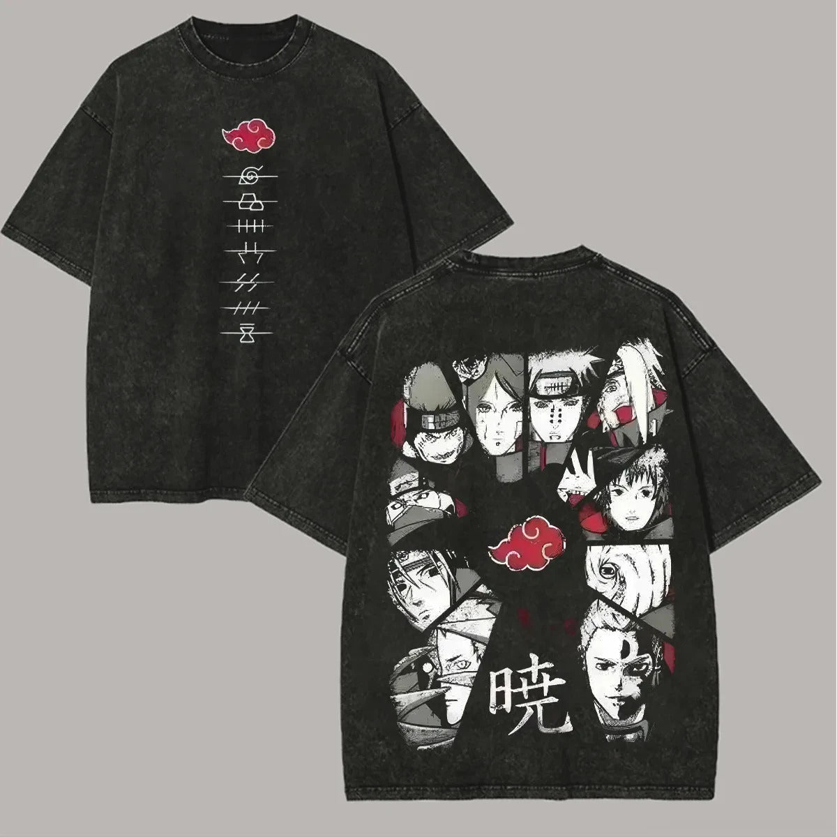 Anime Naruto Akatsuki koszulka czarna acid wash Weebu